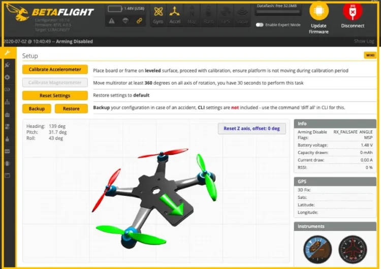 Betaflight 3D model showing quadcopter orientation in the Setup tab
