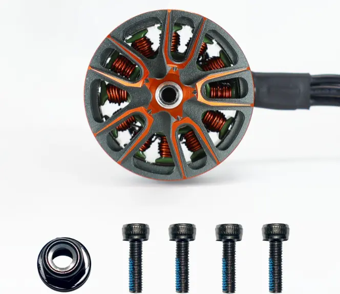 Close-up of FPV motor mounting screws and copper windings