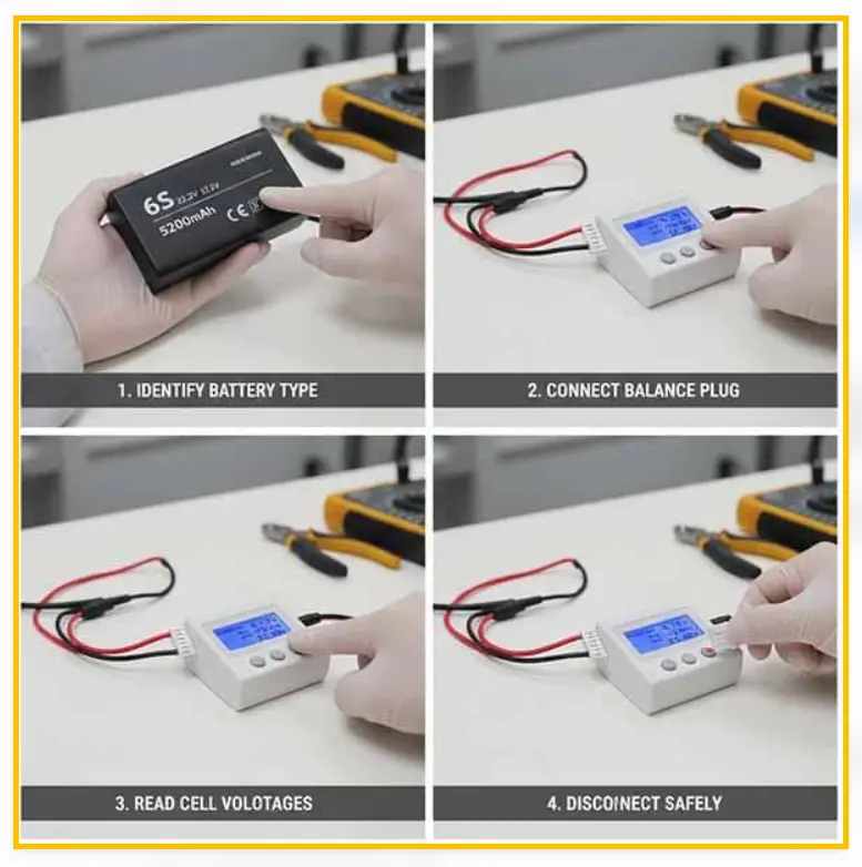 Digital LiPo cell checker displaying individual cell voltages on a drone battery