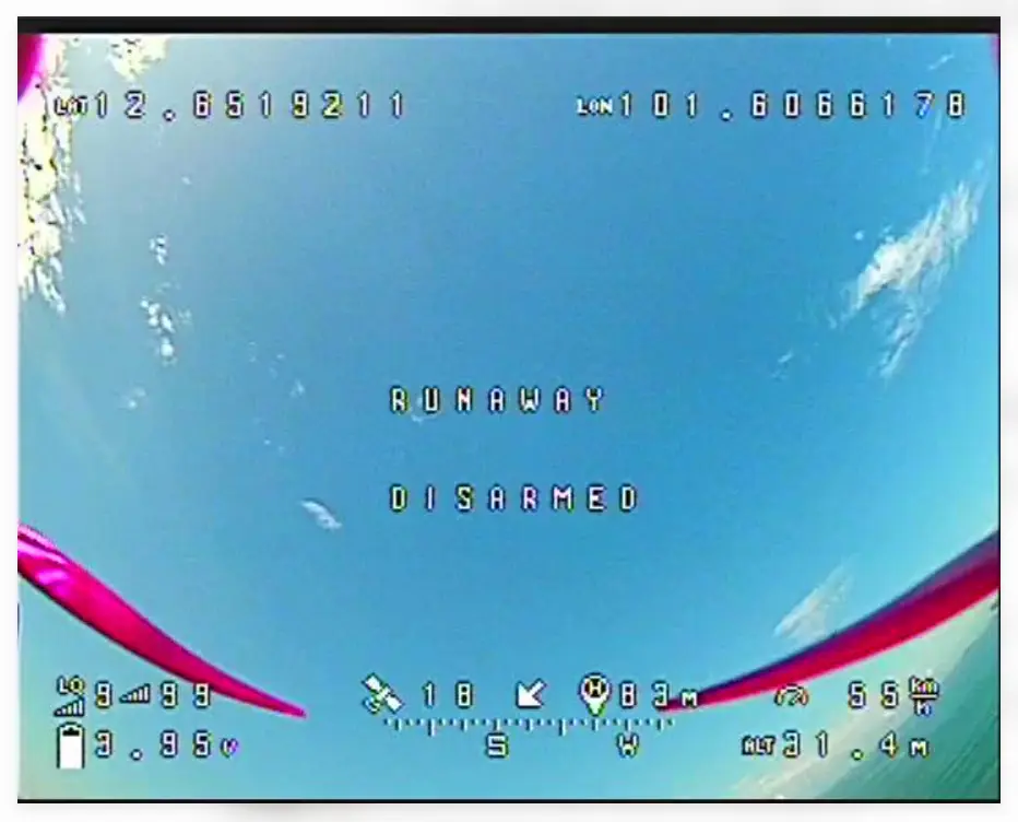 FPV drone on-screen display showing a runaway takeoff warning