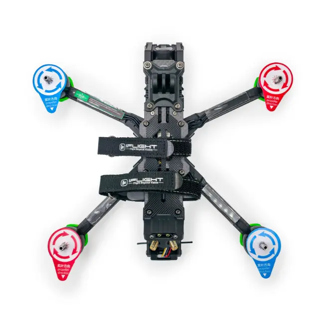 FPV drone propellers installed on their respective motors for rotation direction checks