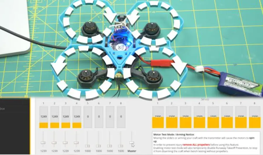 FPV quadcopter with all four propellers removed before motor testing