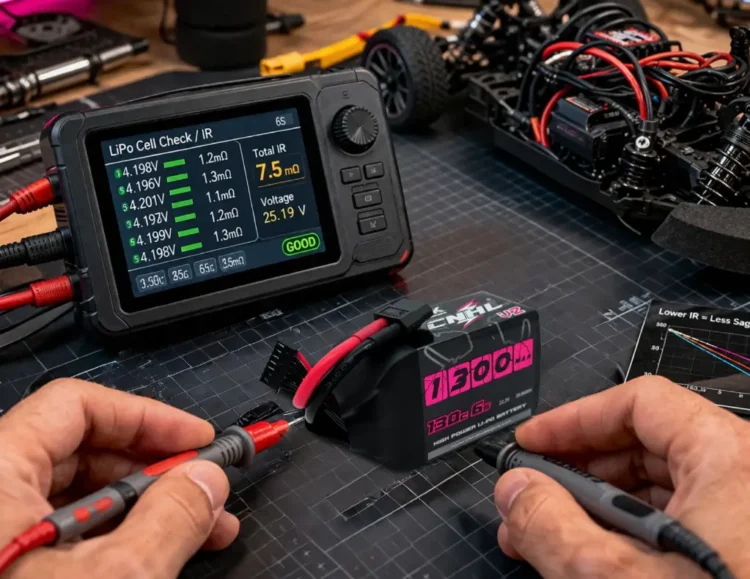 LiPo battery charger displaying internal resistance readings for individual cells
