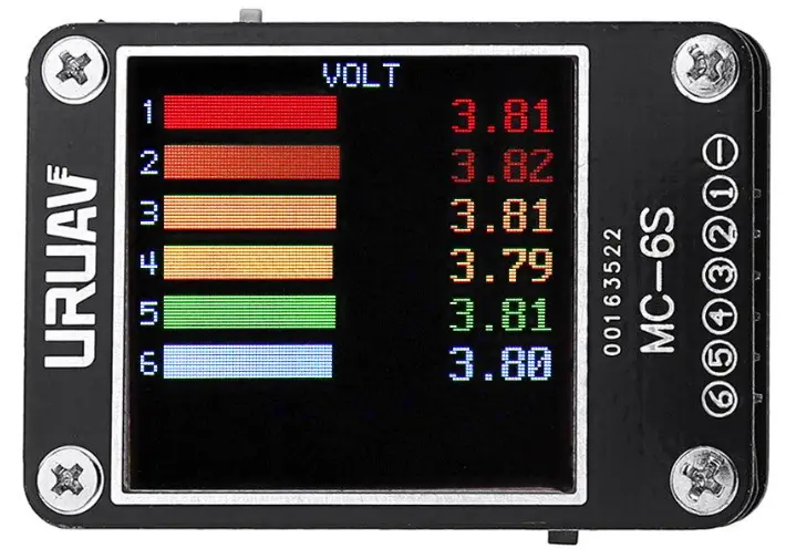 LiPo battery voltage checker displaying individual cell voltages after a flight