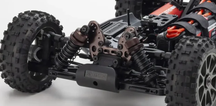 RC car front suspension compressing under braking