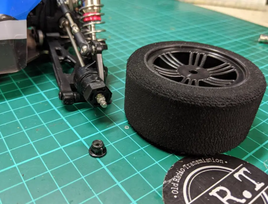 RC car tire and wheel assembly during a tire inspection