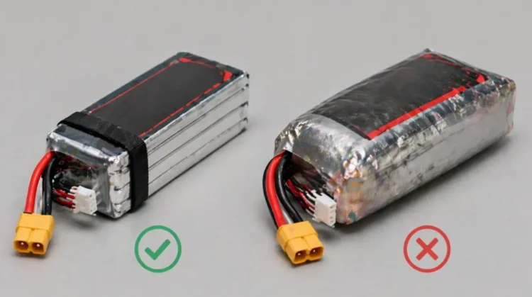 Retired LiPo drone battery set aside for safe inspection and proper recycling